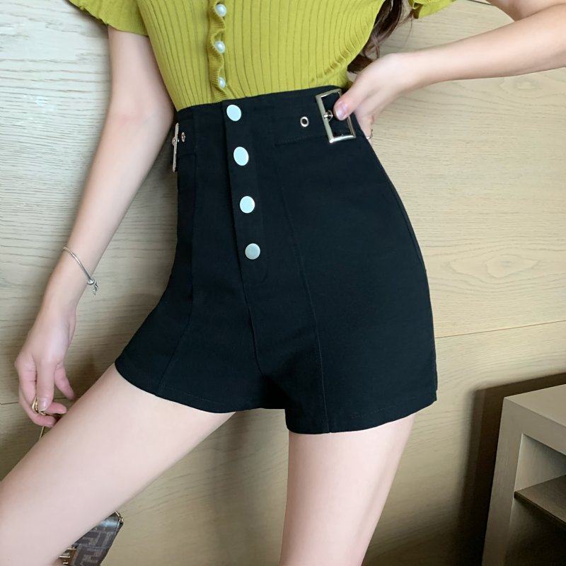 Real shot ~ high waist, slim, versatile, baggy hip shorts, hot pants, fashionable single breasted pants, female