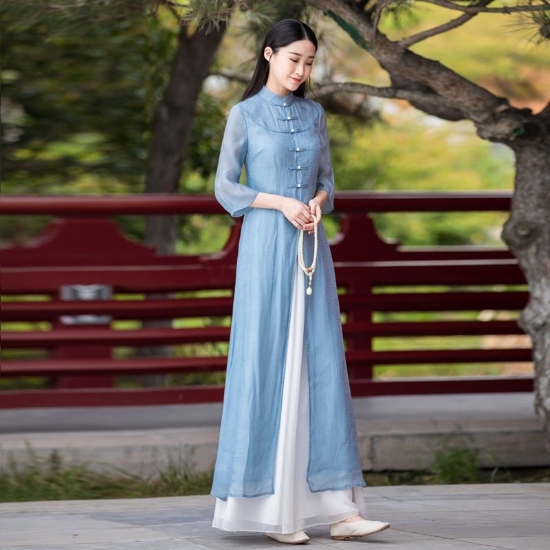 春秋新款复古显瘦旗袍阔腿裤茶服