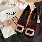 春季 红色婚鞋 新款 水钻内增高平底单鞋 百搭方头瓢鞋 舒适平跟鞋 大码
