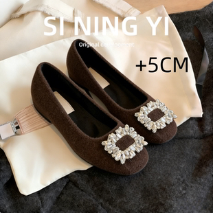 兔毛款~厚黑风方头内增高毛毛鞋外穿水钻呢子单鞋加绒玛丽珍鞋女