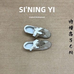 真皮复古内增高德训鞋女2026新款系带小白鞋芭蕾风休闲板鞋阿甘鞋