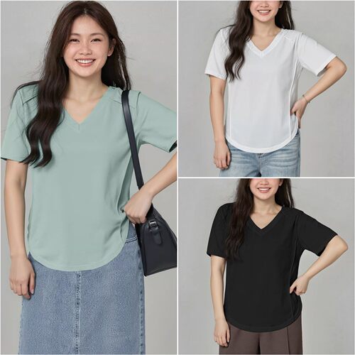 胖mm巨遮肚上衣正肩V领鱼骨线显瘦好看漂亮T恤200斤女夏装新3263
