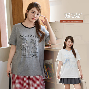 T恤63800 宽松显瘦短袖 韩版 正肩撞色拼接趣味印花圆领上衣胖mm大码