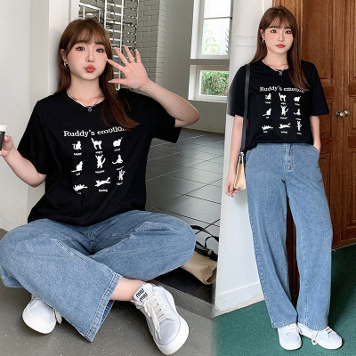 大码t恤女200斤正肩宽松夏装遮肉上衣胖mm显瘦遮肚韩版短袖衫3237