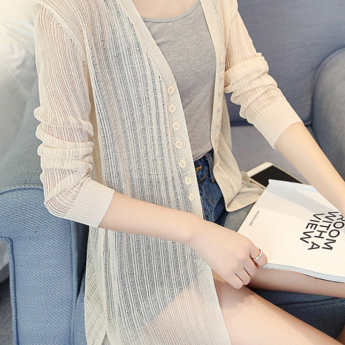 办公室空调衫冰丝针织开衫女中长款薄纱夏披肩亚麻防晒衫外搭薄款