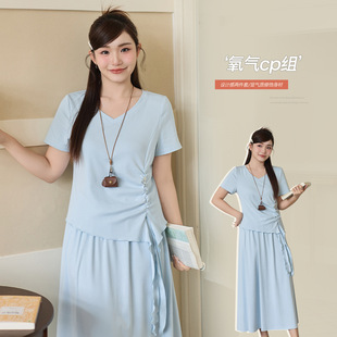 女胖mm大码 抽褶木耳边V领短袖 松紧高腰遮肉显瘦裙子66008 新款 夏季