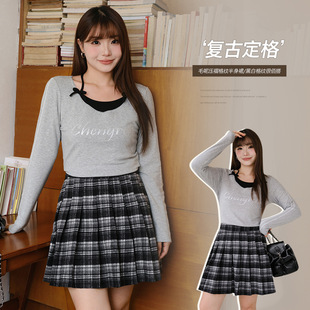 百搭高腰格纹A字磨毛百褶裙女胖mm大码女装遮肉显瘦半身裙66109