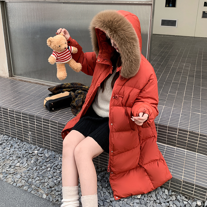 2025新款韩版加肥加大胖mm300斤连帽狐狸毛领长款羽绒服外套女