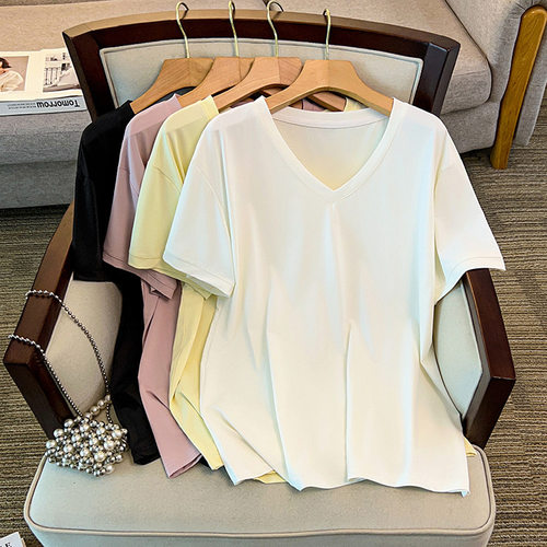 夏季宽松显瘦百搭日常纯色V领速干短袖大码女装300斤胖mm