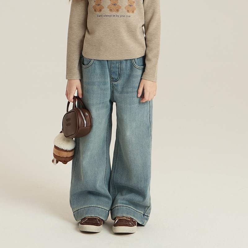 艾摩贝贝女童百搭复古港风直筒牛仔裤2025儿童加绒保暖阔腿长裤子