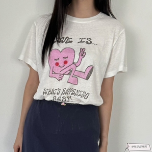 PEBBLE2024夏季 现韩国东大门代购 百搭洋气爱心字母印花短袖 T恤女
