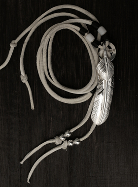 三沐高桥吾郎 925纯银XL上银羽毛进口纯白鹿皮绳套装银珠情侣银饰