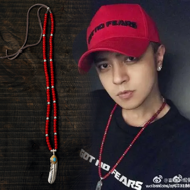三沐高桥吾郎纯银罗志祥同款松石羽毛进口琉璃项链套链潮男女款