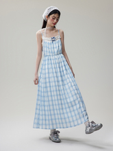 NTOT原创设计假两件清新蓝格吊带连衣裙夏季气质高级感裙子