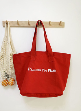 2025韩系托特慵懒红色质感帆布单肩包简约字母流行布袋大容量布包