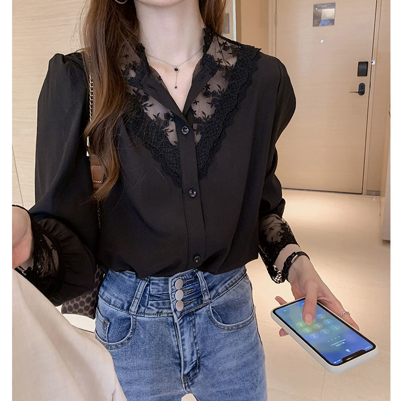 蕾丝打底衫女春秋新款设计感小众衬衫