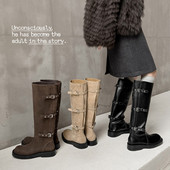 新款 甜酷休闲骑士靴皮带扣真皮套筒女长靴甜辣显瘦厚底英伦长筒靴