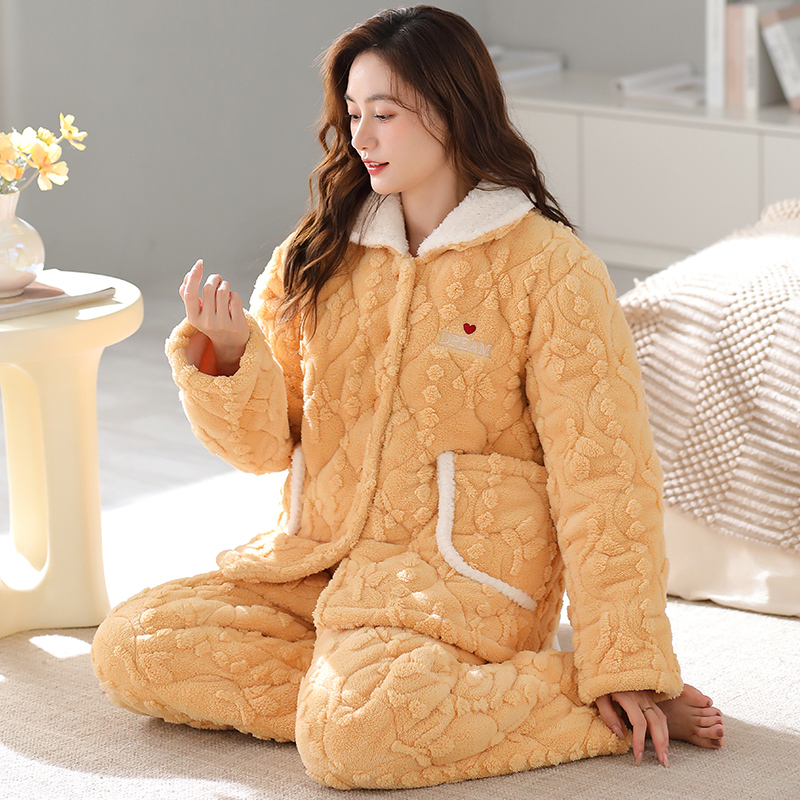 珊瑚绒夹棉睡衣女冬季三层加厚超厚棉袄大码可外穿家居服套装