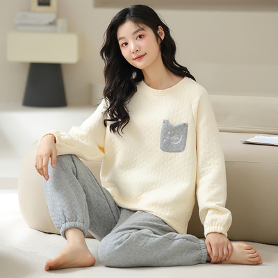 睡衣女空气棉夹层纯棉加厚长袖秋冬季薄款夹棉套装家居服春秋