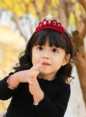 儿童皇冠发卡头箍发饰头饰过年女孩发箍公主宝宝生日头饰红色丝绒