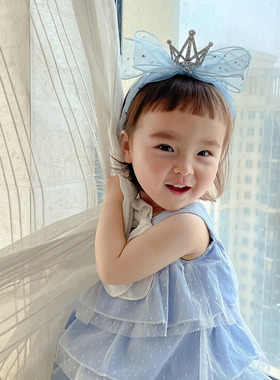 蓝色蝴蝶结公主头纱发饰儿童皇冠发箍女童宝宝周岁生日头饰2023夏