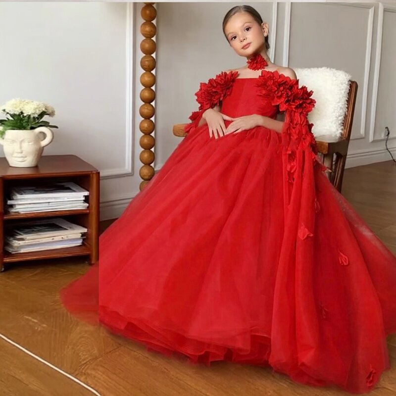 儿童生日礼服露肩女童红色蓬蓬纱公主裙高端洋气女孩主持人演出服