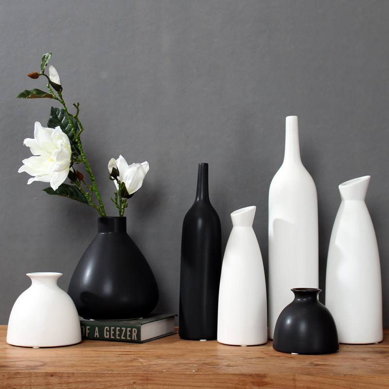 简约现代客厅家居创意花瓶摆件黑白色日式陶瓷花插别墅样板房摆设