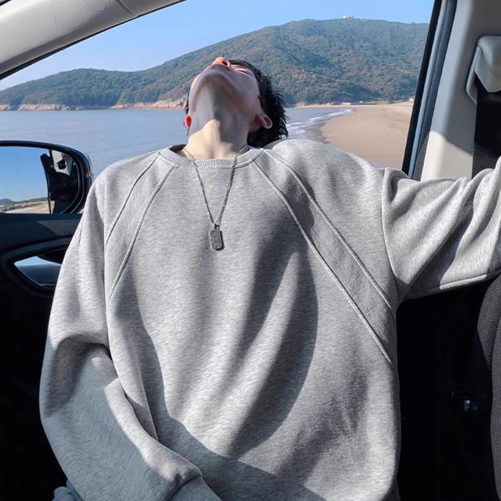 美式重磅boxy无帽卫衣男款春秋季宽松休闲圆领落肩感长袖t恤