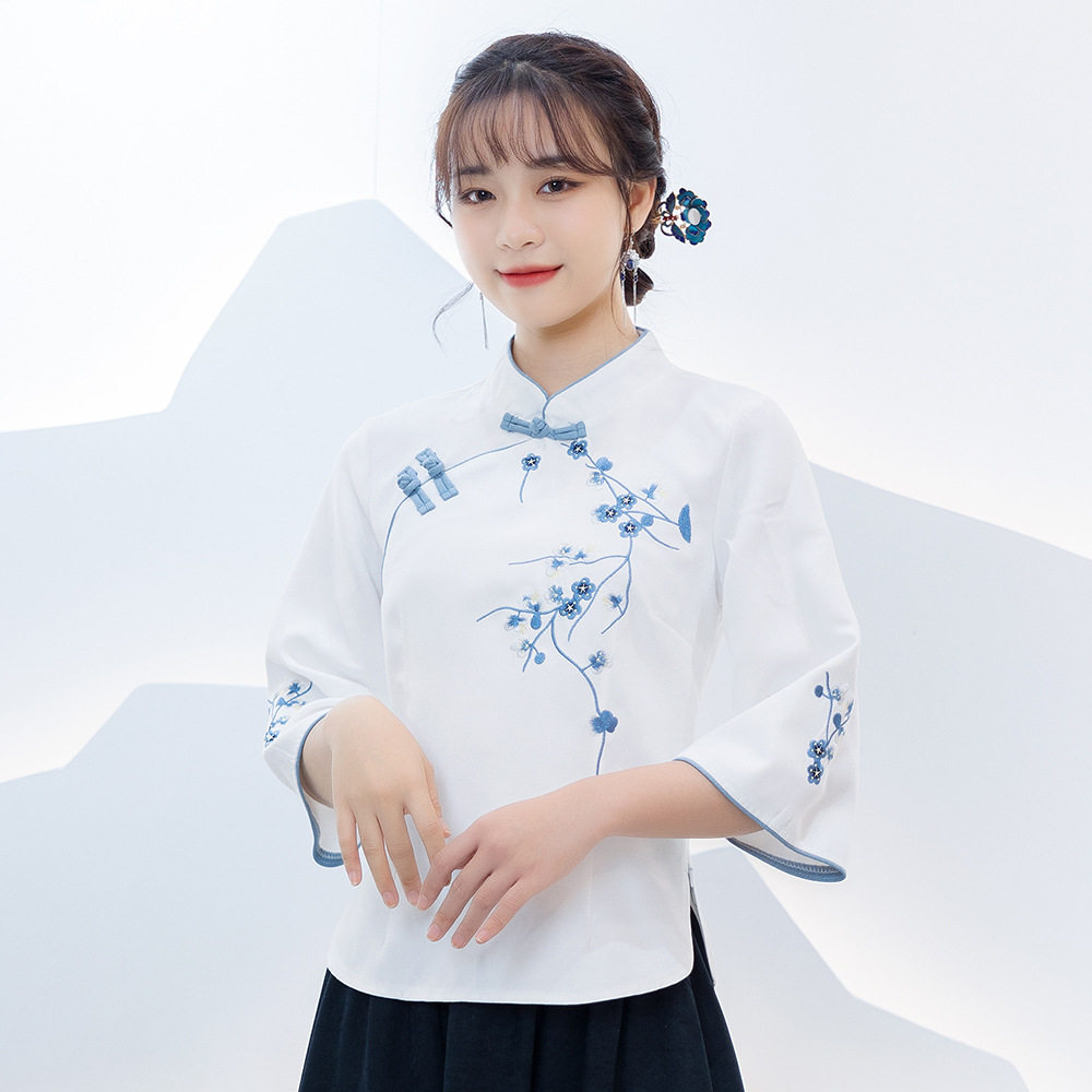 民国风学生女复古秋季绣花立领盘上衣