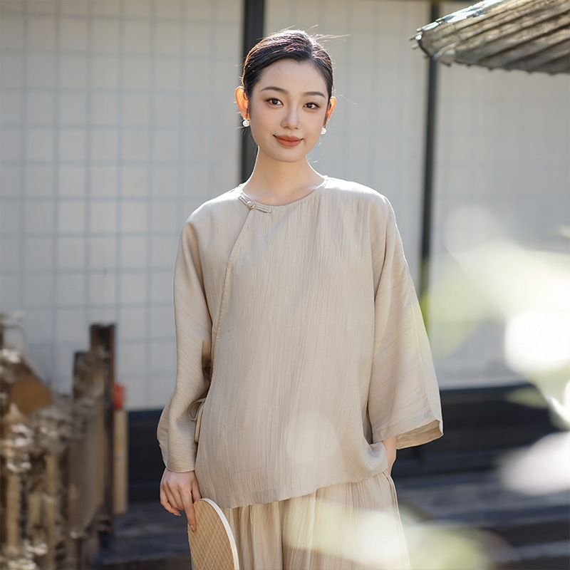 新中式女装2025春季新款复古上衣女中国风设计感斜开襟系带茶服