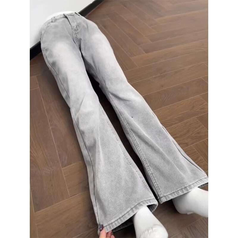 cleanfit烟灰色水洗微喇牛仔裤男美式高街vibe弯刀显瘦加长直筒裤