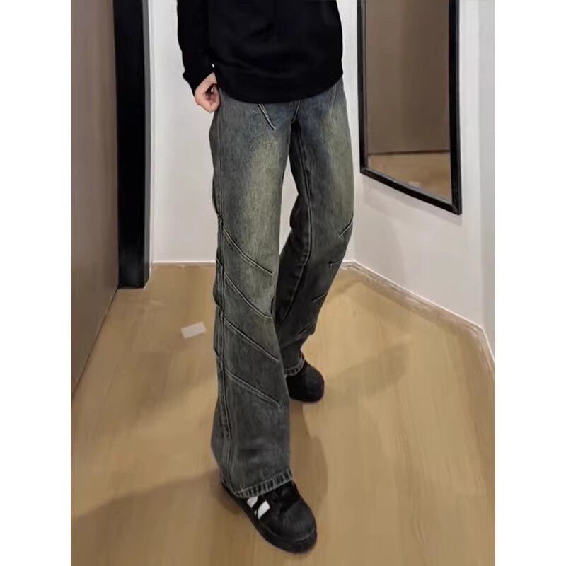 美式vibe复古蓝牛仔裤男款高街做旧微喇裤子潮牌褶皱工装直筒长裤