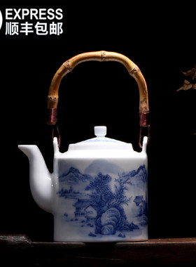 手绘茶壶亦城窑青花瓷中式