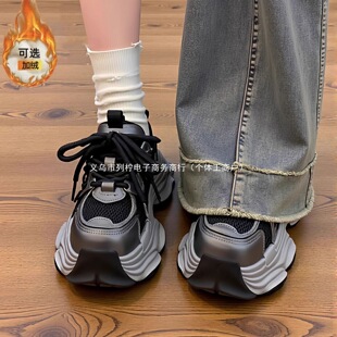 赵露思同款黑色炸街6cm厚底老爹鞋女2025新款百搭加绒运动鞋