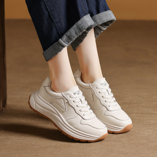 头层牛皮厚底小白鞋女
