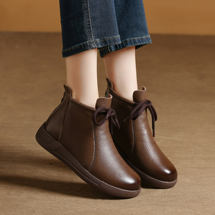 头层牛皮平底切尔西短靴女2025秋冬新款百搭圆头复古马丁棉靴女冬