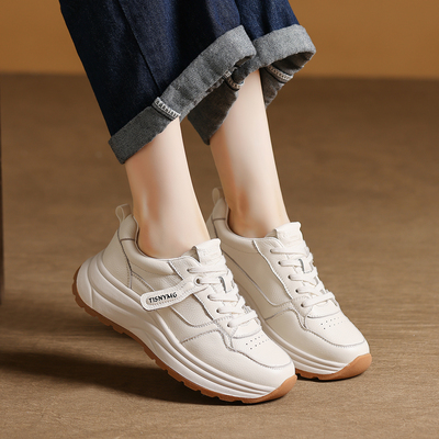 真皮厚底小白鞋女2025新款