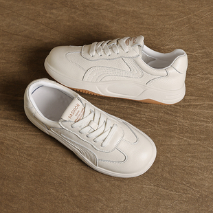 头层牛皮软底德训鞋女白色系带休闲板鞋百搭气质小白鞋平底阿甘鞋