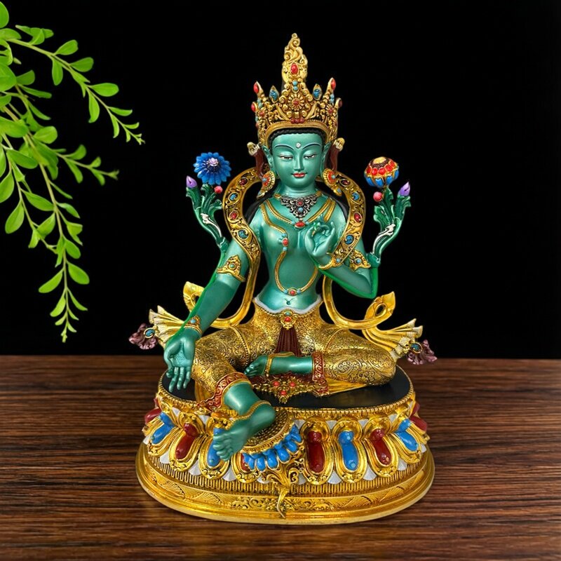 藏式纯铜绿度母佛像尼泊尔工艺彩绘绿度母佛像藏密宗手工錾刻家用