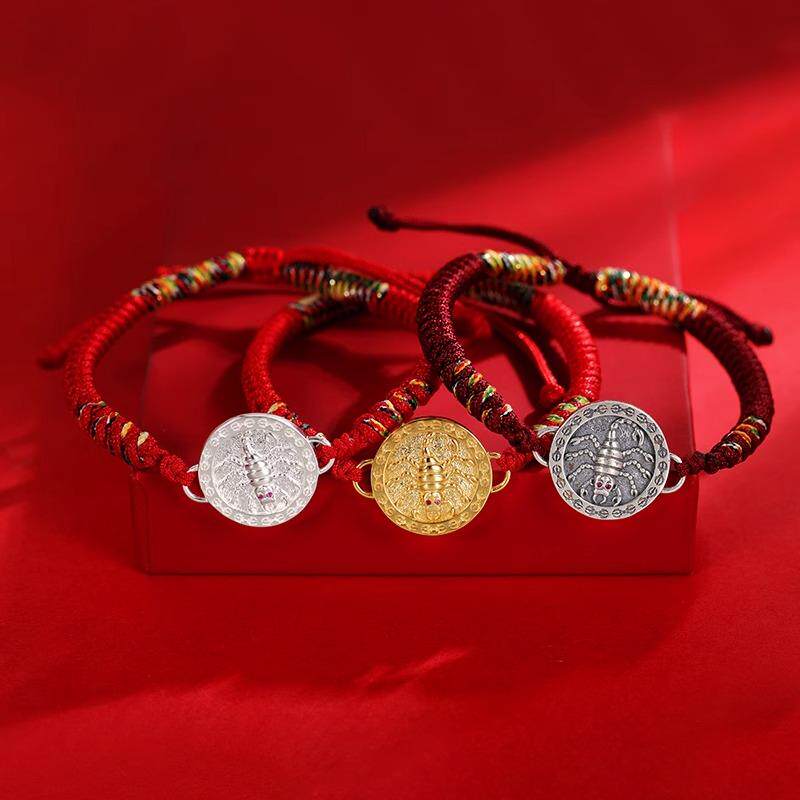 S925纯银手工编绳手链莲师铁蝎藏式民族风蝎子手绳手链本命红绳