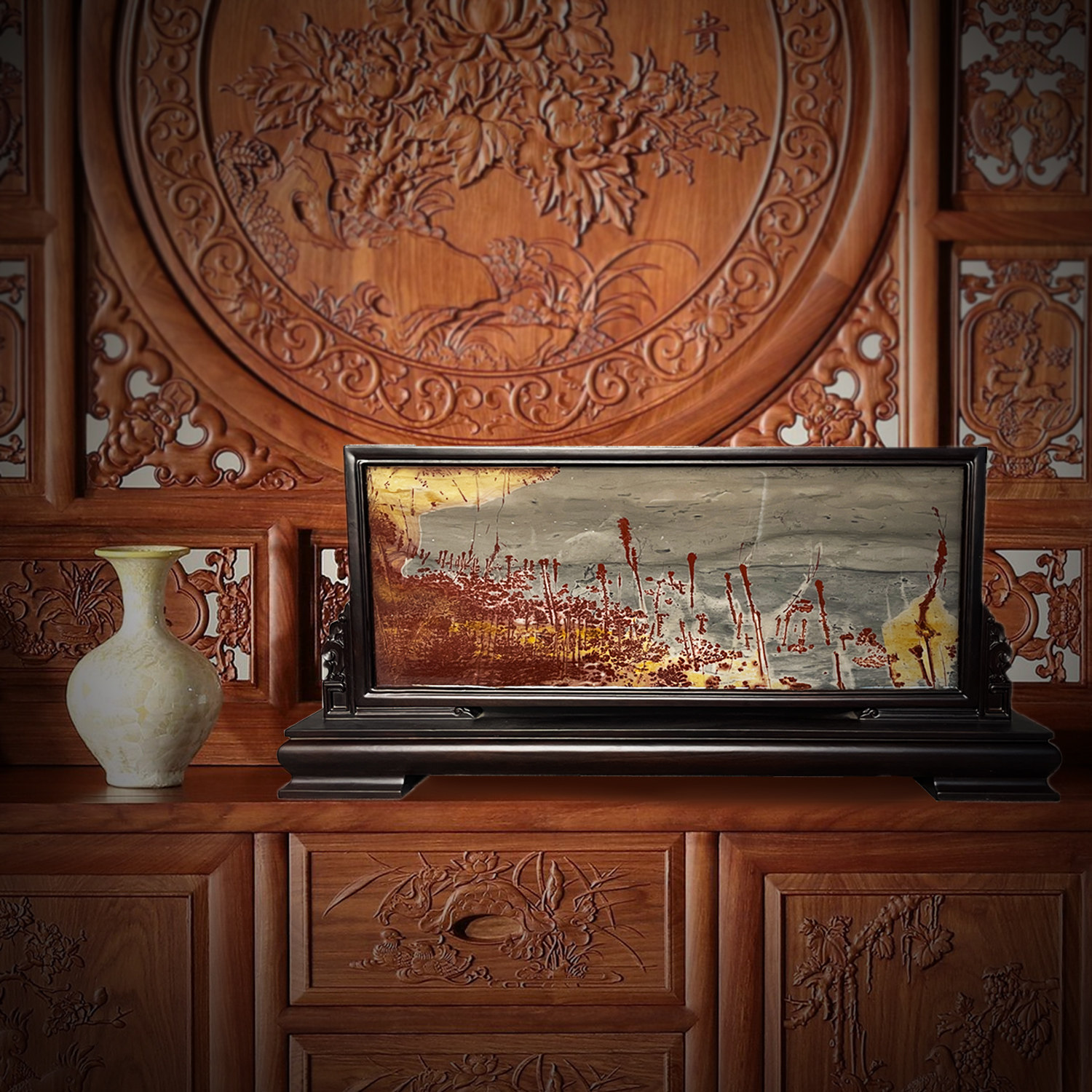 精品高货屏风石摆件石头画实木镶嵌装饰落地摆件天然中式送礼镇宅