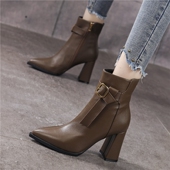 短筒瘦瘦靴薄款 8.5CM 尖头粗跟马丁靴冬2025年新款 侧拉链高跟短靴