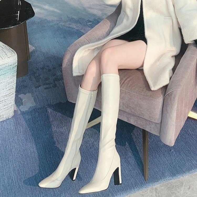 白色长靴女爆款高筒早秋冬高跟鞋