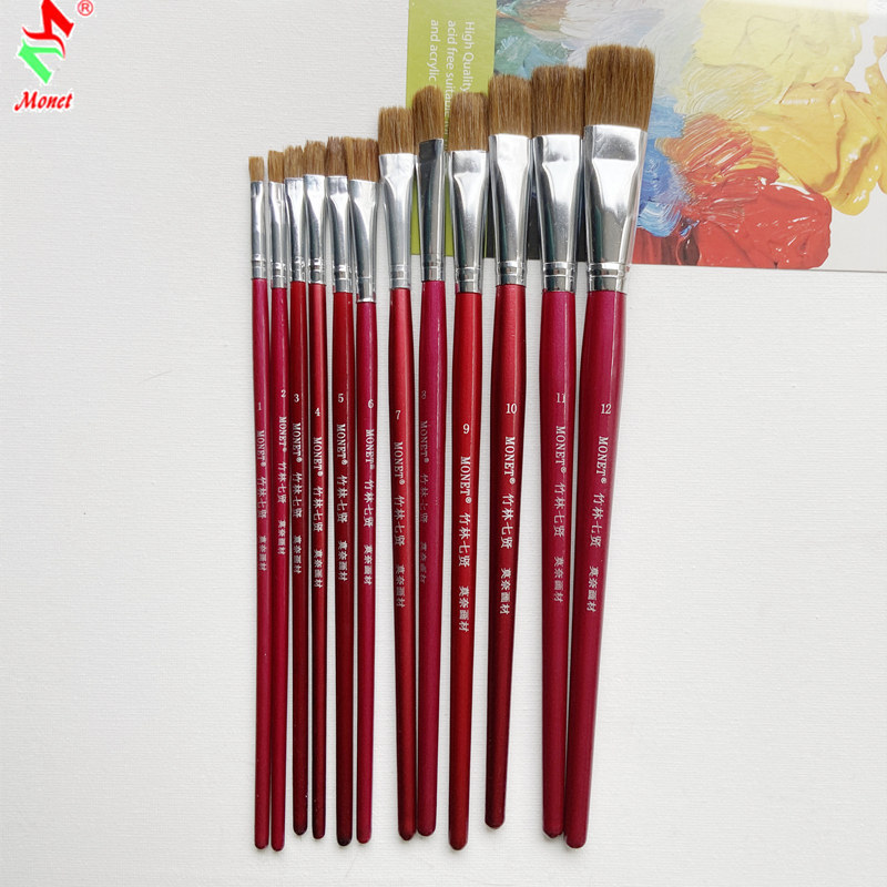 莫奈狼毫水粉画笔初学者短杆平头油画笔丙烯画笔笔刷排笔色彩用笔
