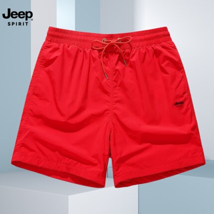 JEEP SPIRIT本命年红色短裤男夏季冰丝运动裤四分裤休闲沙滩裤女