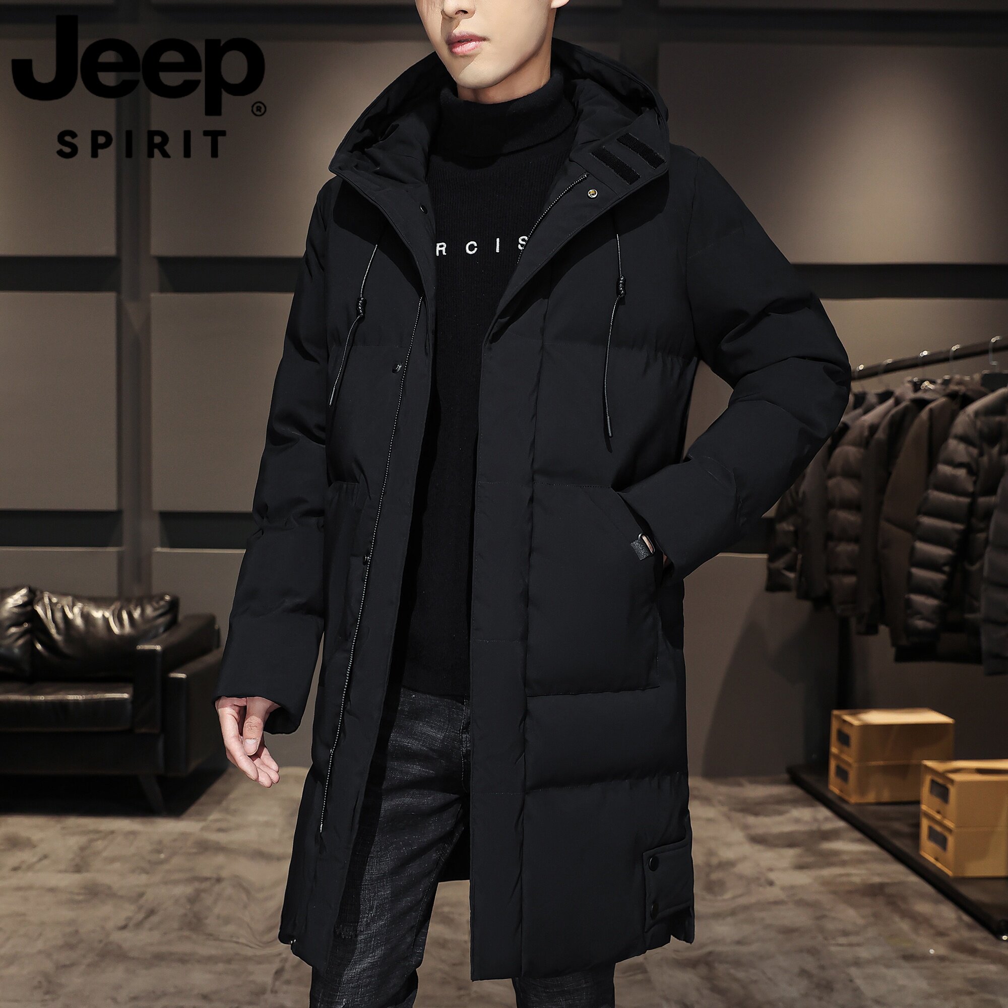 JEEP SPIRIT中长款棉衣男加肥加厚大码保暖连帽宽松棉袄棉服外套