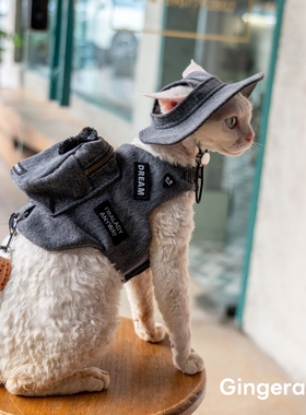 GINGERAIN  露营户外遛猫牛仔背包胸背带牵引绳无毛德文猫书包