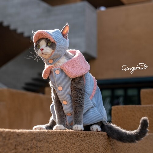 GINGERAIN 柔软灯芯绒棉袄套装德文猫衣服无毛猫保暖外套雷锋帽