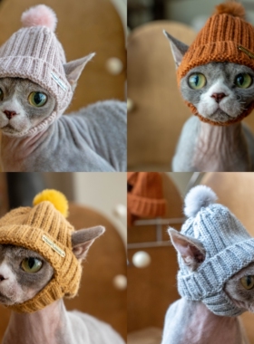 GINGERAIN  毛线帽德文猫帽子毛线无毛猫露耳帽保暖外出拍照道具