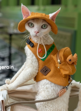 GINGERAIN  露营户外遛猫牛仔背包胸背带牵引绳德文无毛猫书包